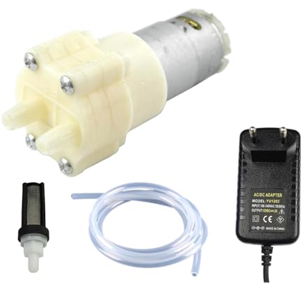 CHANCS 385 Pompe à membrane auto-amorçante DC 6V-12V avec filtre en tube de silicone et alimentation électrique EU Entrée 100V-240V Sortie DC 12V pour le cycle quotidien de l'eau de l'aquarium