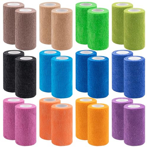 24 Rolls Self Adhesive Bandage Tape, Athletic Cohesive Bandage, Elastic Pet Wrap Breathable Cohesive Bandage for Wrist Ankle Sprains First Aid Swelling Sports, 4x 5 Yards (12 Colour)