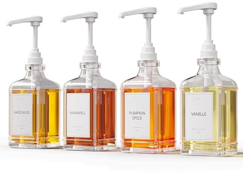 GREYMOUNT ® Lot de 4 distributeurs de sirop - 500 ml - En verre - Avec pompes doseuses - Blanc - Pour café, cocktails et plus encore - Anti-fuite et anti-goutte - Avec 48 étiquettes et entonnoir