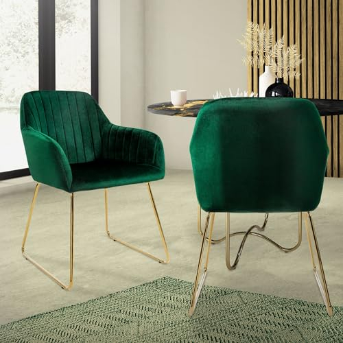ML-Design Esszimmerstühle 2er Set, Sitzfläche aus Samt, Grün, Wohnzimmerstuhl mit Rücken- und Armlehnen, Küchenstuhl Gold Beine, Polsterstuhl mit Metallgestell, Ergonomische Sessel für Esstisch