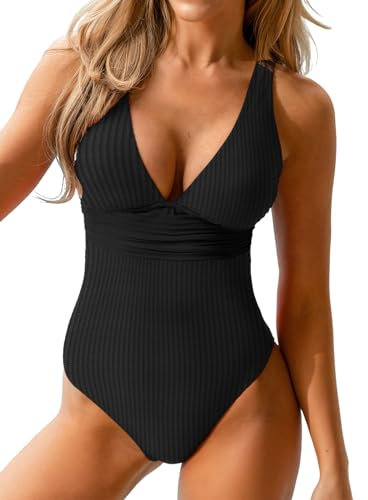 CUPSHE Maillot de bain une pièce pour femme à bretelles larges, col en V, froncé, texturé, côtelé, dos torsadé, noir, Taille L