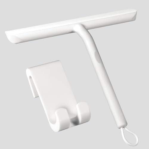 Vinabo Duschabzieher Set mit Haken, Silikon Abzieher Dusche Bad Badezimmer Fenster Edelstahl Fensterabzieher Scheibenabzieher breit Saugnapf Halterung Badabzieher,ohne Bohren(21cm,Weiß)