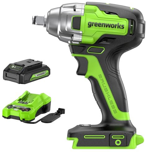 Greenworks 1/2 Brushless Cordless Impact Wrench (3 Speed/300 ft-lbs. / LED Light), 2.0Ah Battery and Charger Included