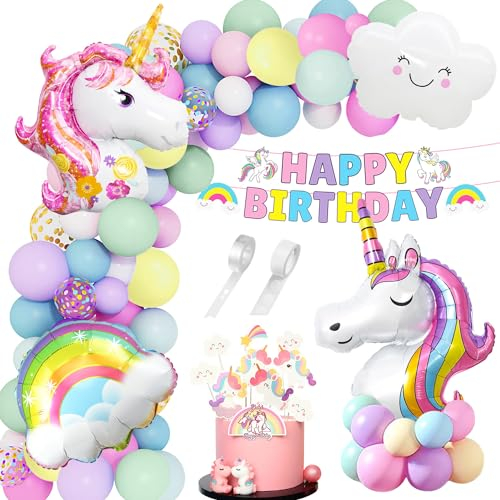 Einhorn Geburtstag Deko Set, XXL Einhorn Folienballons, Geburtstagsdeko Mädchen Einhorn, Einhorn Wolken Luftballons Helium, Macaron Latex Ballons, Kuchen Topper Einhorn für Mädchen Kinder Geburtstag