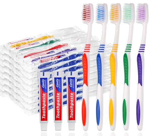 Paquete de 50 Cepillos de Dientes Desechables con Pasta Dental Envueltos Individualmente, Pasta Dental de Viaje de 10g Kit de Cepillo de Dientes Manual de un Solo Uso, 5 Colores