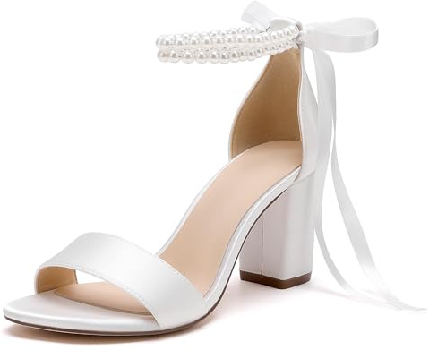 HKMFLYY Damen-Sandalen mit offenem Zehenbereich, Perlen, Hochzeitsschuhe für Braut, High Heels, Sandalen, Satin, Brautschmuck, Blockabsatz, Knöchelriemen, Abschlussball, Abendparty, Pumps