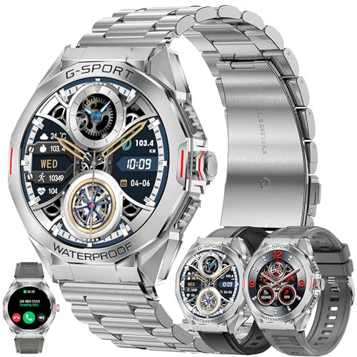 Reloj Inteligente Hombre con Llamadas, 1,46” AMOLED 5ATM Smartwatch Deportivo con Podometro Pulsometro SpO2 Sueño Presion Arterial Pulsera Actividad 5ATM Reloj para iOS Android, 3 Correas (plateado)