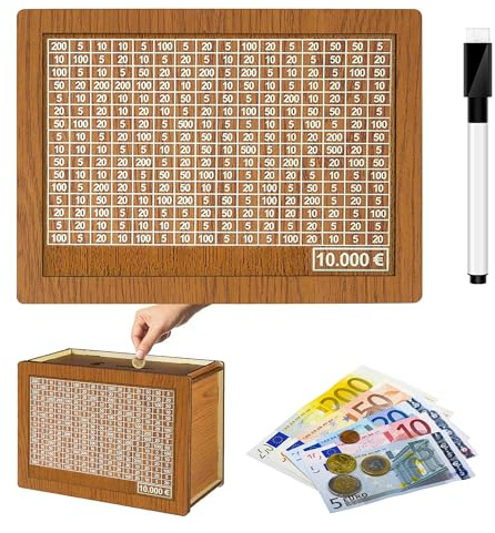 Spardose mit Zähler, Wiederverwendbare 10000 Euro Sparbox mit Zahlen Ankreuzen Spardose Holz, Sparbüchse für Erwachsene Mädchen Jungen Geburtstag Gefälligkeiten