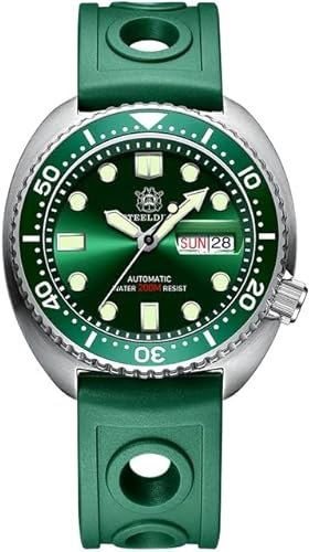 London Craftwork SD1970 Steeldive Captain Willard 6105 Automatische Taucheruhr NH35 Uhrwerk, Grüner Tag/Datum (Gummiband), Militär