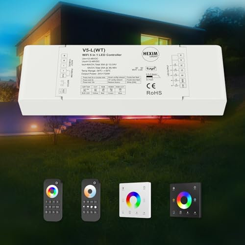 HEXIM 12-48V LED Controller & Fernbendienung - Smart Home & Phone Sprachsteuerung Alexa Google Assistant (modellabhängig) - 5 in 1 Controller einfarbig RGB RGBW WW+CW RGB+CCT (V5-L - 5CH Controller)