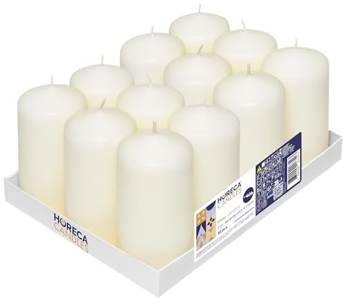 Horeca Candles - Stumpenkerzen - Elfenbein - Ø 6 x 12 cm - 12er Set Blockkerzen - Lange Brenndauer 40 Stunden - Ohne Duft - Kerzen für Haushalt, Feiern und Gastronomie