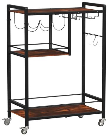 Ailio Carrello da bar, carrello da portata per casa, carrello per microonde, carrello per bevande, mensola da cucina mobile con portabottiglie e supporto per bicchieri, bevande rotanti