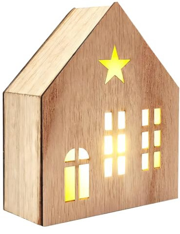 Casetta decorativa in legno shabby chic, colore bianco-marrone, casette in legno per decorazioni invernali e decorazioni natalizie, decorazione della stanza, con candele a LED natalizie, fiamma