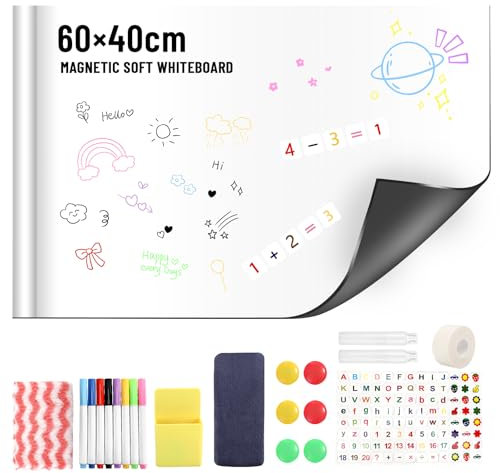 Tableau Blanc Magnetique, 40 X 60 cm Tableau d'écriture Blanc Magnétique, Adhesif Tableau Blanc Effacable Autocollant, AntiTaches, Inclut 8 Stylo Marqueur et Effaceur pour le Dessin des Enfants