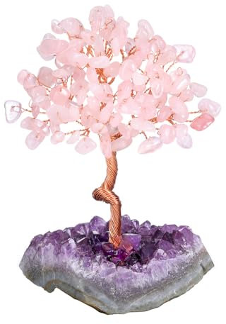 JOVIVI Feng Shui Albero di Cristallo Soprammobile con Grappolo Ametista Albero della Vita Portafortuna con Tronco Curvo in Pietre Naturali Albero Decorativo Casa Interni Guarigione - Quarzo Rosa