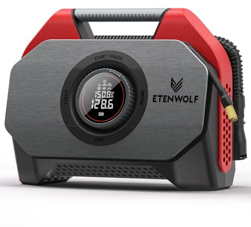 ETENWOLF VORTEX S6SE Compressore d'aria portatile senza fili, 160 PSI per pneumatici auto con batteria da 15600 mAh, 100% ciclo di lavoro e doppio cilindro, pompa ad aria per veicoli pesanti, rosso