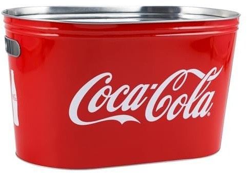 Coca-Cola Contenitore a secchiello per alimenti, birra, bibite, bibite, feste, grande, interamente in metallo, con fori per maniglia, vasca ovale 16 x 10 x 9,5 cm