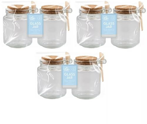 Fyne-Finds Set of 6 Glass Jars Airtight Cork Top, Wooden Spoon 250ML, 0.25L MultiPurpose Storage Herb Spices Kitchen Gift