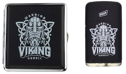 CHAMP Zigarettenetui für 20 Zigaretten und dazu passendes Prof Feuerzeug (Viking Zigarettenetui und Feuerzeug Nordic Viking)