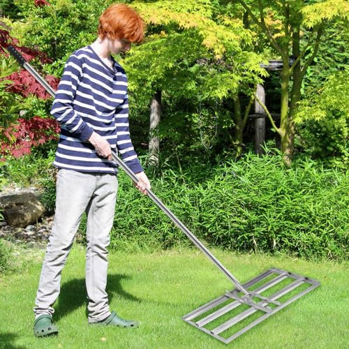 Rascador de césped de 75 x 25 cm, acero inoxidable con mango de 2 m, rastrillo de nivelación sin esfuerzo, rastrillo de césped, irregularidades en la herramienta de nivelación de césped, para patio