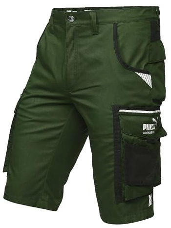 PUMA Workwear Precision X - Kurze Arbeitshose Herren - Robuste & Flexible Arbeitsshorts - Viele Taschen und Bequeme Passform - Ideal für Handwerk Heimwerk und Baugewerbe - Dunkelgrün, Gr.: 46