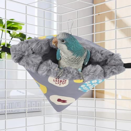 Yanmucy Nidi per gabbie impermeabili in peluche per uccelli, amaca invernale per uccelli, da appendere, calda cuccia per pappagalli ad angolo, tenda per dormire e giocare (grigio, grande)