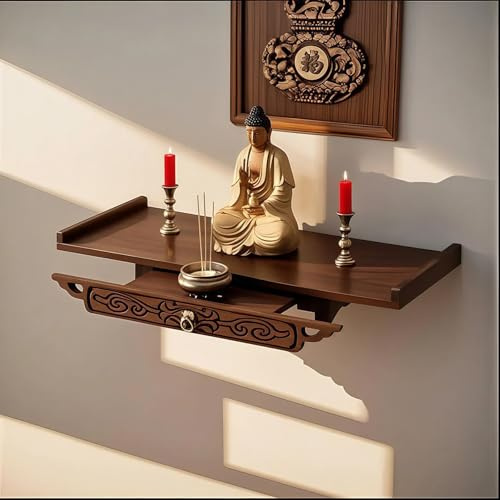 Wall-Mounted Buddha Statue Stand, Guanyin God Stand Shelf with Telescopic Drawers, for Place Displaying Buddhist Supplies offerings, Bamboo Wooden Shrine Altar Table for Home Temples