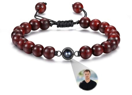 Gaosh Personalisierte Herren Armband mit Foto Projektion Armband mit Bild im Stein Gravur Verstellbar für Papa Paar Personalisierte Geschenke Männer (Blut-Sandelholz)