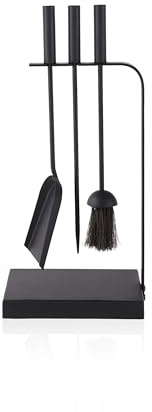Relaxdays Kaminbesteck, 4-teiliges Set, Schürhaken, Ascheschaufel, Ofenbesen & Ständer, Moderne Kamingarnitur, schwarz