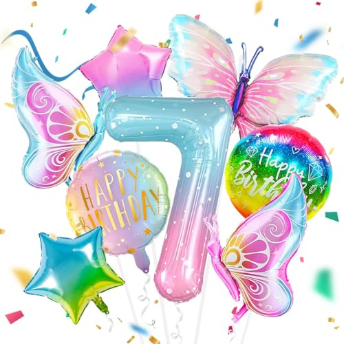 8 Stück 7 Jahre Schmetterling Geburtstag Deko | Schmetterling Folienballon 7 Jahre, Party Ballon SchmetterlingG, für 7. Geburtstag Mädchen Deko