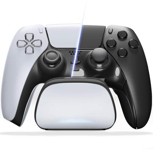 OSTROGEAR Station de Chargement pour ps5 & Edge Manette, Blanc | Chargeur Compact, Support de Charge Rapide, avec Indicateur LED, Câble Type C, Accessoires pour ps5 et Edge Controller