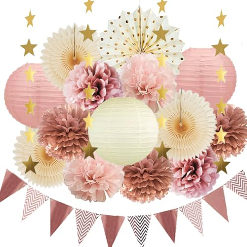 Boho Party Deko Rosa Pink Rosegold Altrosa Party Deko Geburtstag Rosegold Beige Pastell Dusty Rose Pomspons Altrosa für JGA Frau Babyparty Mädchen Geburtstagsdeko Brautparty Verlobung Hochzeitsdeko