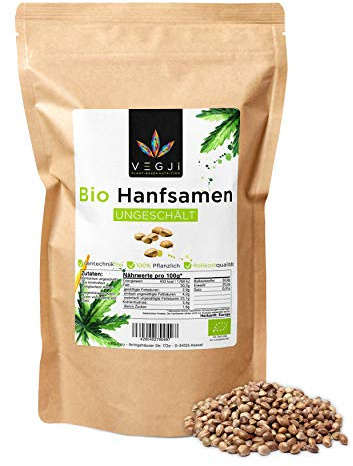 Bio Hanfsamen ungeschält 1000g, aus deutschem & französischem Bio-Anbau, reich an Omega 3, 6 & 9 Fettsäuren, reich an Eiweiß