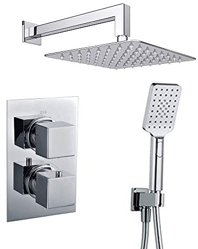 Kibath 407351 Grifo termostático empotrar Abe Salida Pared. Incluye Soporte con Toma Agua, Flexo PVC Plateado, Brazo rociador extraplano. Ducha empotrable con Acabado Cuadrado en Cromo Brillo