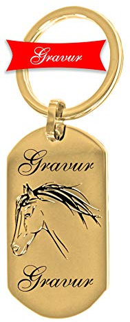 UHRENWELT Schlüsselanhänger goldfarbig Pferd mit eigener Gravur/Text/Edelstahl gelb/Pferde Anhänger