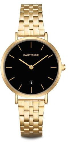 Eastside Damen Uhr Metall-Legierung gelbgold Quarzwerk 3 ATM | Edelstahl Armband, gelbgold, Gliederarmband, Zifferblatt schwarz, Mineralglas, Armbanduhr, Fashion-Uhr