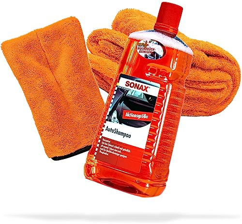 detailmate Auto Wasch- und Trockenset: SONAX Autoshampoo 2L + Mikrofaser Präzisionshandschuh Orange + Nuke Guys Gamma Dryer für die optimale Handwäsche