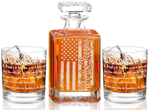 YJGS Whiskey Decanter Engraved We The People American Flag with 2 Glasses for Liquor Scotch Bourbon or Wine