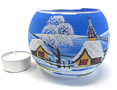 Leuchtglas Kugel Medium + Windlicht aus Glas + Handarbeit aus Lauscha (blau)