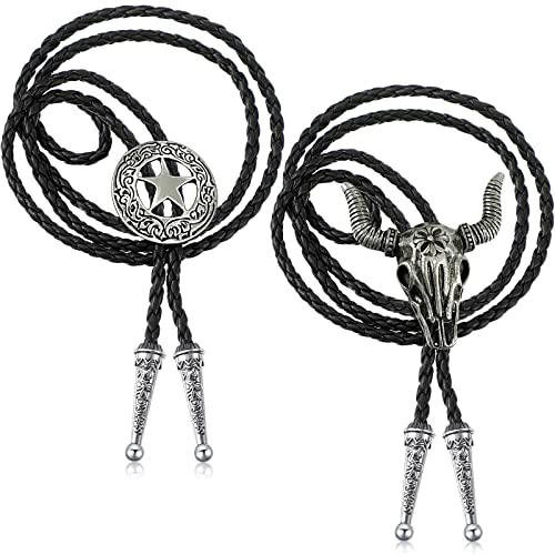 Yaomiao 2 Stück Bolo Leder Halloween Krawatte Krawatte Cowboy Silber Kuh Schädel Ranger Stern Schwarz Achat Tigerauge Western Cowboy Krawatte Halskette(Silberner Kuhschädel und Ranger Stern)