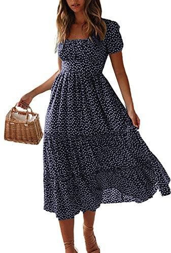 Colisha Womens Short Puff Sleeve Square Neck Floral Midi Dresses Flared Flowy Chiffon Maxi Dress Summer Beach Holiday Sundress L Navy Blue