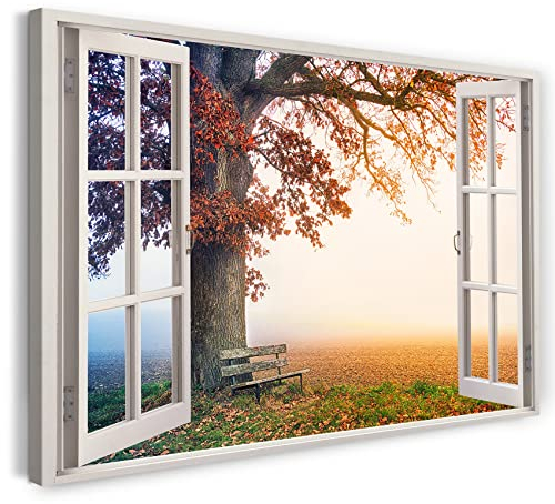 Bilder Fensterblick 120x80cm Baumwoll-Leinwand auf Keilrahmen mit Aufhänger moderner Kunstdruck XXL Wandbilder Wand-Dekoration Bank unter Baum Herbst Nebel Blätter Natur - Natur-Fotografie