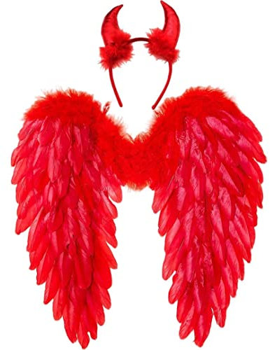 Winwild Engelsflügel mit Teufelshörner,Gefallener Engel und Teufel Flügel Kostüm für Damen und Mädchen Kinder für Halloween Karneval Cosplay Fasching Kostümparty Verkleidung(Rot,45 x 45 cm)