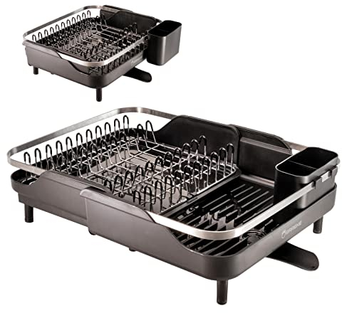 Erreke Escurreplatos Plegable, Escurridor de Platos, Drena al Fregadero, Rejilla de Acero Inoxidable, Escurre Platos Extensible Encimera Cocina Vasos Cubiertos 29 x 35 cm. (Negro)
