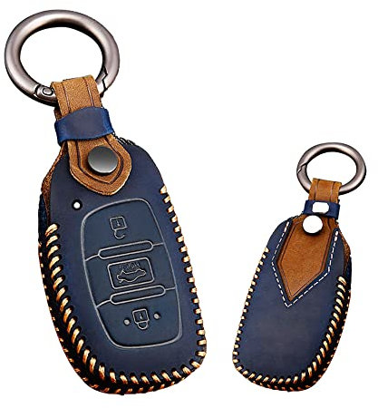 KUNIO Schlüsselhülle Cover Passt für Hyundai I10 I20 Tucson Elantra Verna Remote Ioniq Santa Fe Leder Autoschlüssel Hülle Schlüsselanhänger Schlüsselschutz Schlüsselgehäuse 3 Tasten B Blau