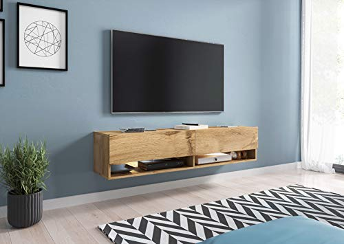 MINIO go for it - Lowboard TV-Schrank I 140x30x33 cm I mit Türen und Offene Nischen I Laminierte Spannplatte I Praktisch und Funktionell I Wotan Eiche - ohne Beleuchtung