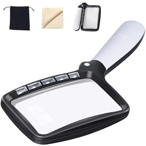 YFKJEU Rechteckige Lupe mit Lichtlupe, groß, faltbar, 5 LEDs, 2 Dimmmodi, 2-fache Vergrößerung, Lesen für Senioren, niedrige Sicht, leicht lesbare Buchseiten