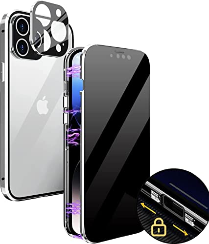 Antiespia Funda iPhone 12 Pro Max Funda con Magnética, Protector de Pantalla Cristal Templado Integrado y Protector Cámara 360 Grados Case Robusto Doble Cara Carcasa Privacidad Cobertura - Plata