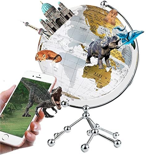 Praktischer integrierter schöner Dinosaurier-Globus, klarer Weltglobus, goldene geografische Erdkugeln mit Metall-Dreiecksständer, Geschenk für Kinder, dekorativ (Golden Globe+AR)