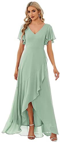 Ever-Pretty Damen Brautjungfernkleider V-Ausschnitt Asymmetrisch Kurze Ärmel Chiffon Rückenfrei Elegant Minzgrün 42EU